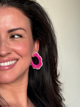 Load image into Gallery viewer, Scalloped Raffia Hoop Earrings | Fuchsia and Pearls
