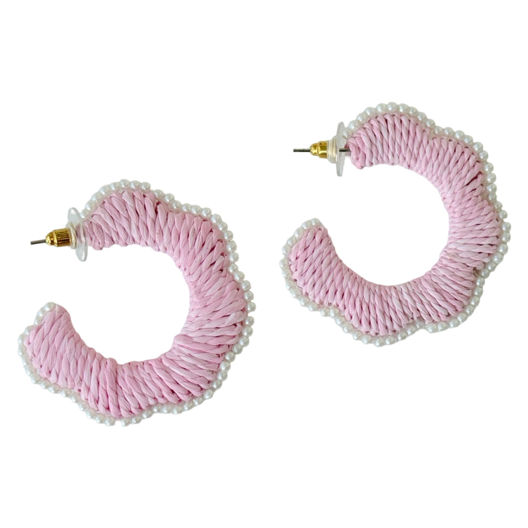 Scalloped Raffia Hoop Earrings | Light Pink and Pearls