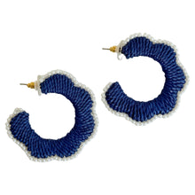 Load image into Gallery viewer, Scalloped Raffia Hoop Earrings | Navy and Pearls
