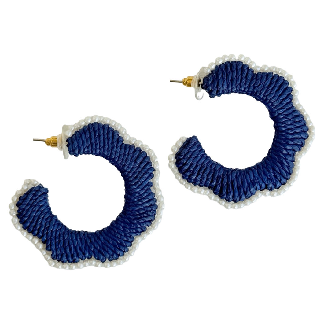 Scalloped Raffia Hoop Earrings | Navy and Pearls