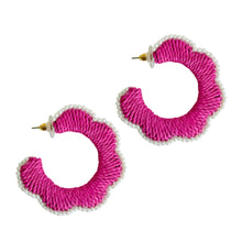 Load image into Gallery viewer, Scalloped Raffia Hoop Earrings | Fuchsia and Pearls
