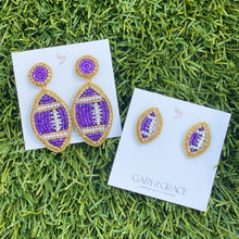 Load image into Gallery viewer, Purple and Gold GameDay Football Dainty Stud Earrings
