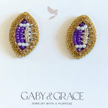 Load image into Gallery viewer, Purple and Gold GameDay Football Dainty Stud Earrings

