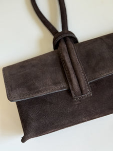 Wristlet Leather Handbag | Chocolate Suede