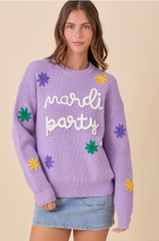 Load image into Gallery viewer, Lilac Mardi Gras Sweater with MG Words and Stars
