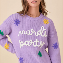 Load image into Gallery viewer, Lilac Mardi Gras Sweater with MG Words and Stars
