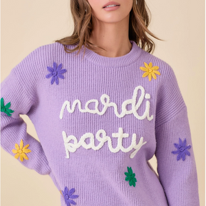 Lilac Mardi Gras Sweater with MG Words and Stars