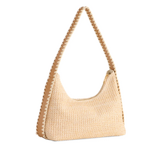 Charger l'image dans la galerie, Beige woven shoulder bag with braided handle on a white background
