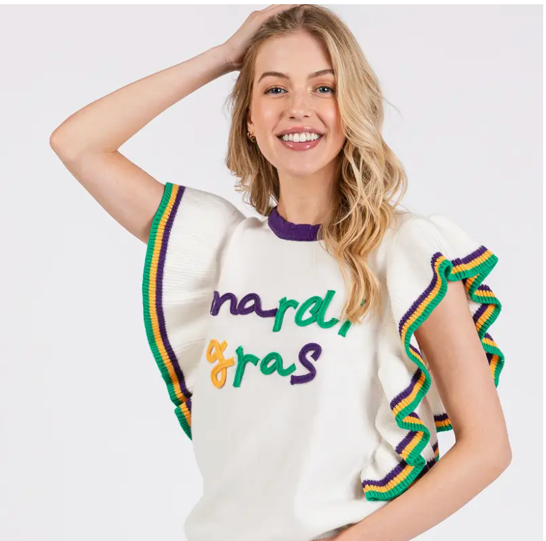 Mardi Gras Ruffle sleeve sweater top