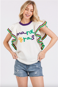 Mardi Gras Ruffle sleeve sweater top