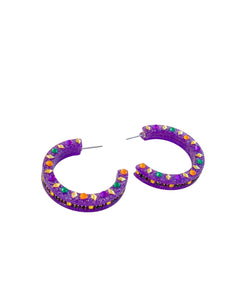 Mardi Gras Glitter Hoops With Stones | Gold | Purple