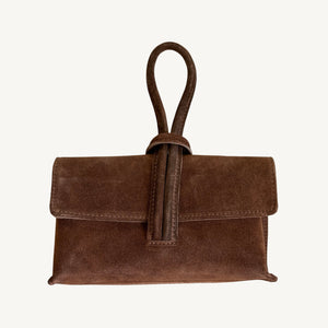 Wristlet Leather Handbag | Brown Suede