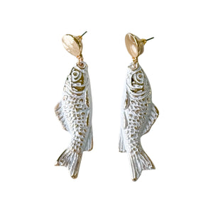 Metal White Washed Dangle Fish Earrings