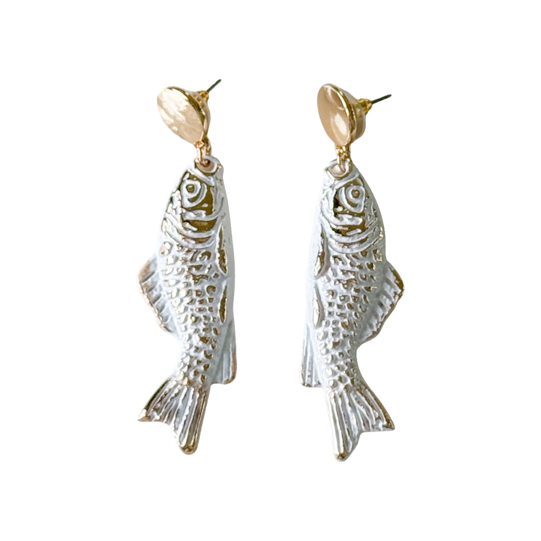 Metal White Washed Dangle Fish Earrings
