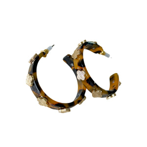 Resin Tortoise Hoop Earrings with Clover
