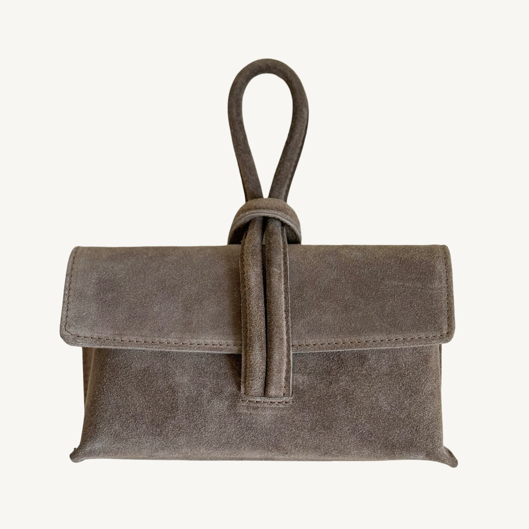 Wristlet Leather Handbag | Taupe Suede