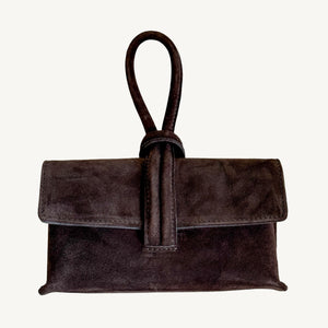 Wristlet Leather Handbag | Chocolate Suede