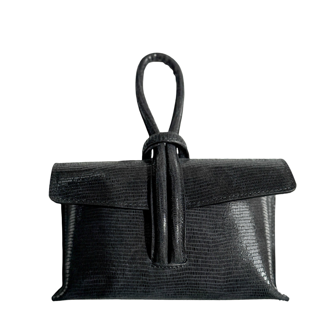 Wristlet Leather Handbag | Black Snakeskin