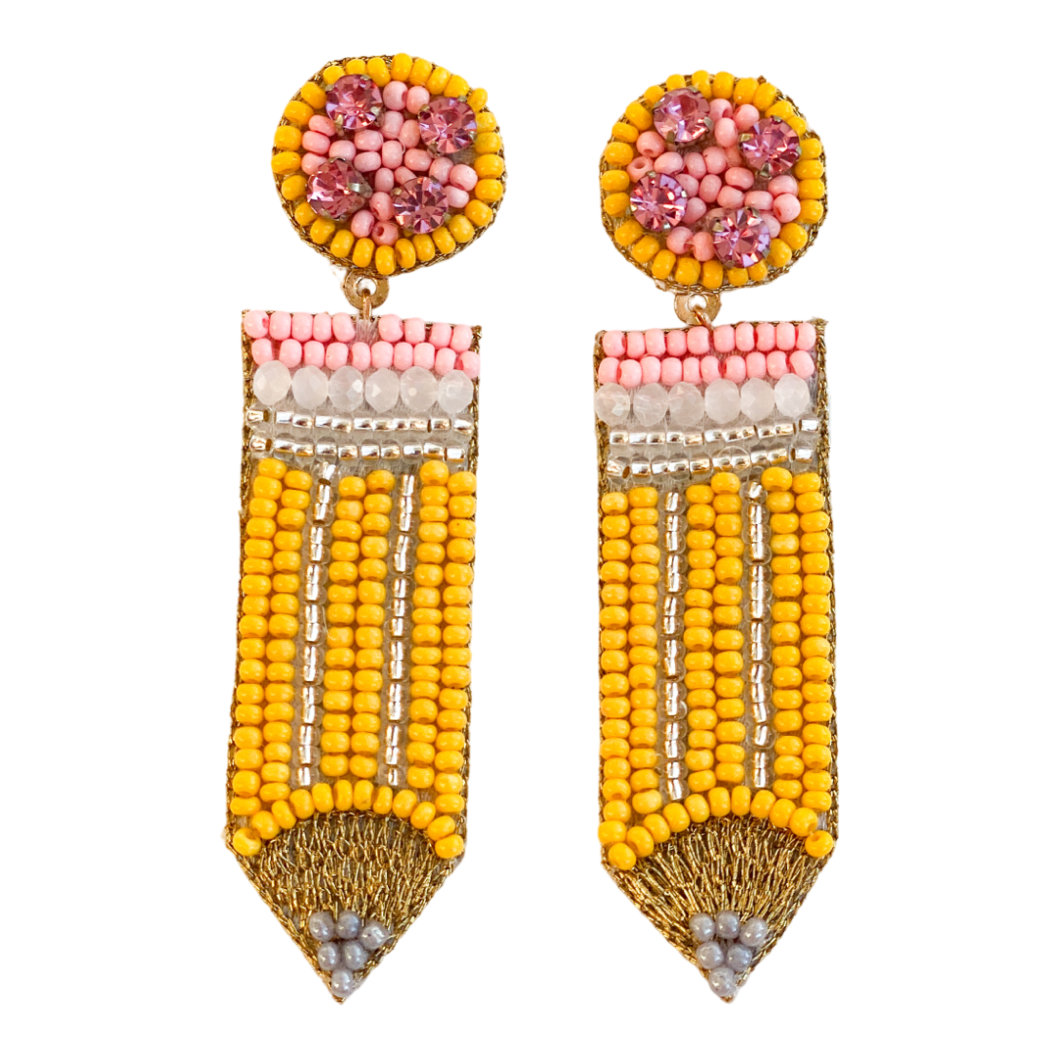 JeanBeau Teacher Pencil Beaded Earrings – Big Rhinestone Seed Beads Dangle Drop Heart Stud, Teacher Appreciation Gift