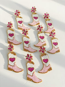 Pink Heart Cowgirl Boot Earrings
