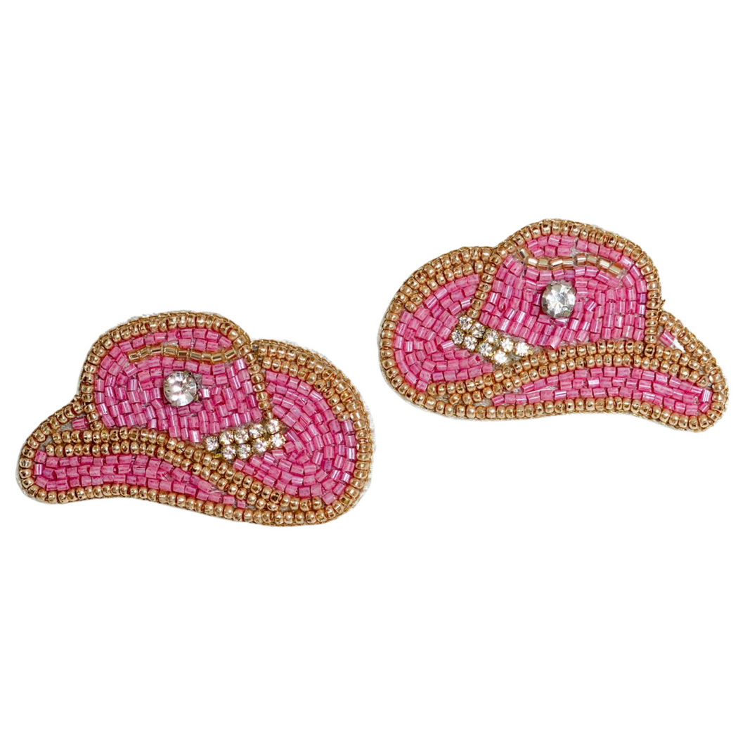 Pendientes de botón de sombrero de vaquera rosa